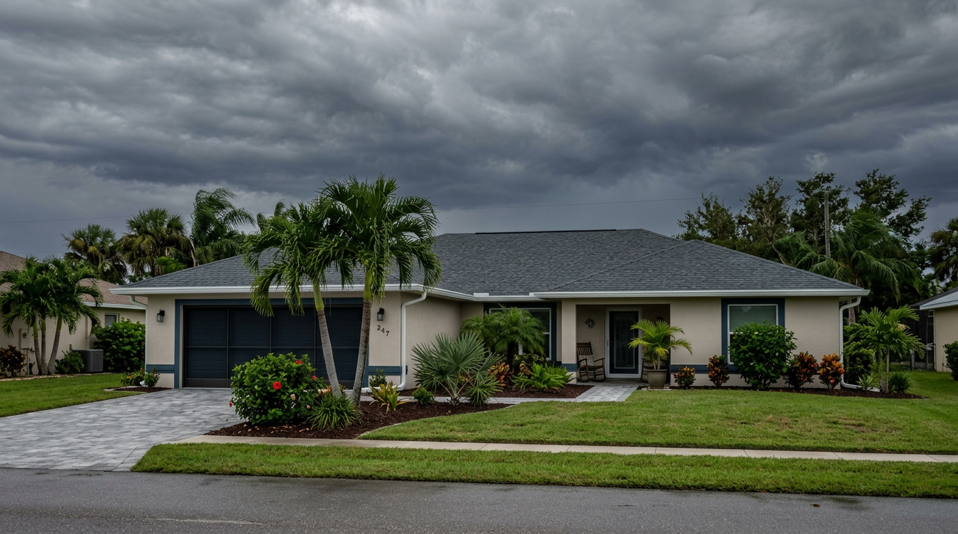 Single-story tropical home in Souwthwest Florida beneath dark storm clouds, signifying that a hurricane is about to reek havoc and damage the area, including the gutters.
